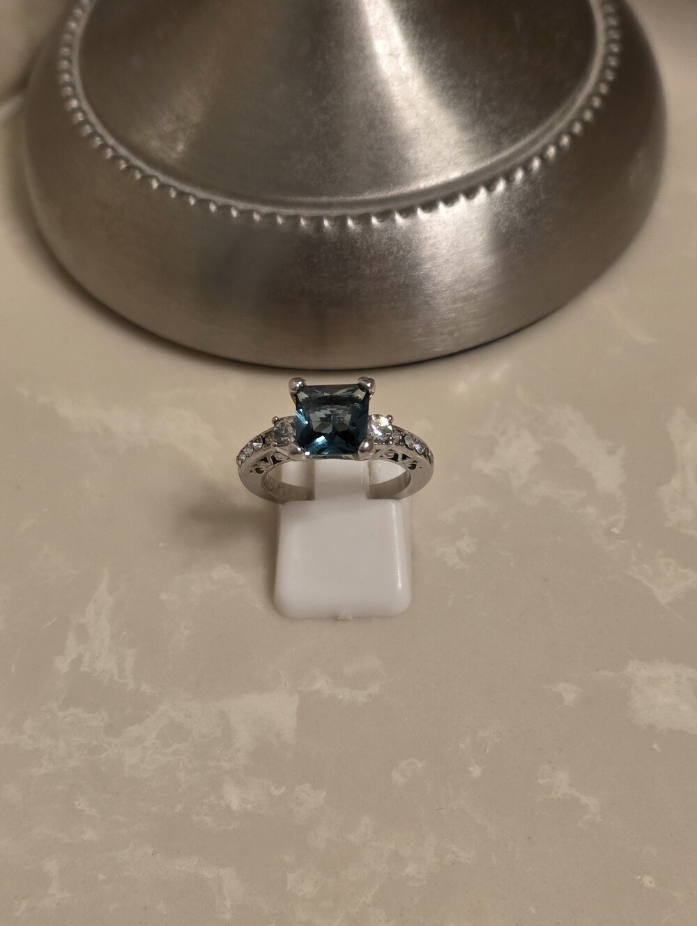 Silver CZ and London Blue Topaz Ring Size 6.5